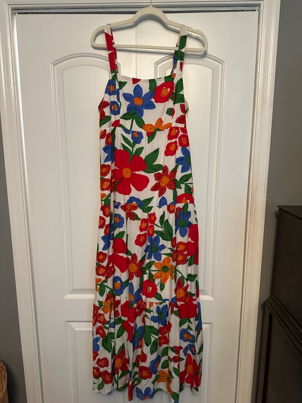 White Floral Maxi Sundress with Bold Red, Blue & Green Flowers
